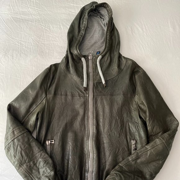 Olive Hooded Leather Jacket - Picture 1 of 5